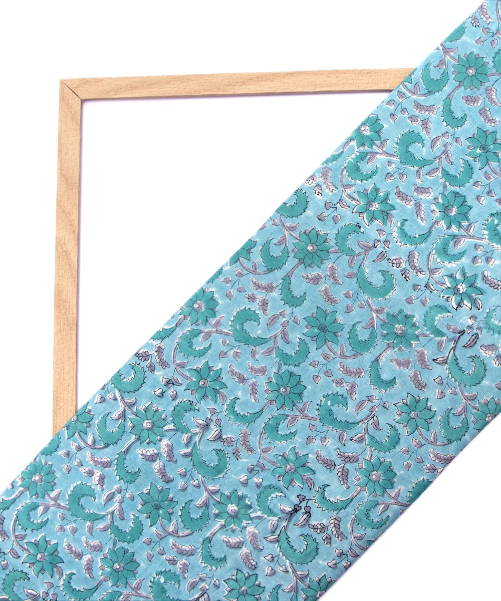Jaipuri handblock Green Bluish Floral Printed Natural Dye Soft Pure Cotton Fabric