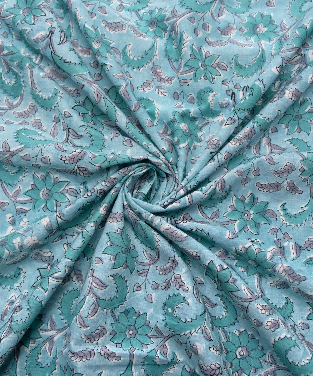 Jaipuri handblock Green Bluish Floral Printed Natural Dye Soft Pure Cotton Fabric