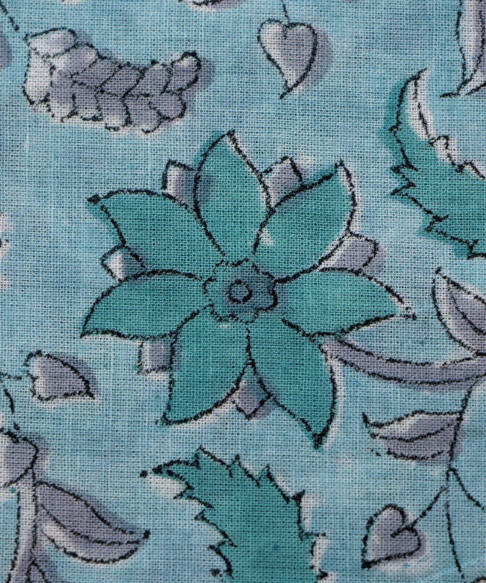 Jaipuri handblock Green Bluish Floral Printed Natural Dye Soft Pure Cotton Fabric