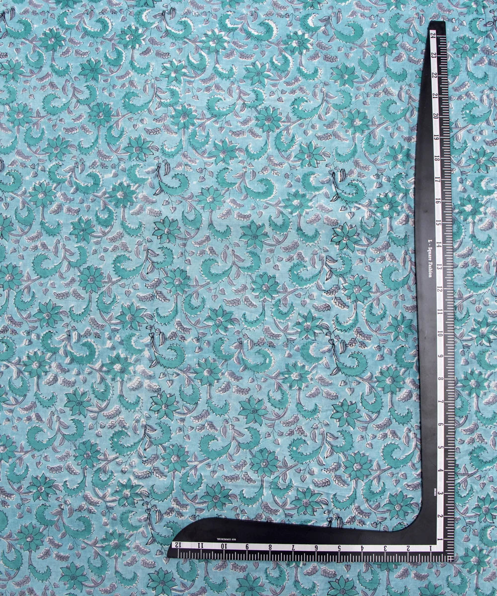 Jaipuri handblock Green Bluish Floral Printed Natural Dye Soft Pure Cotton Fabric