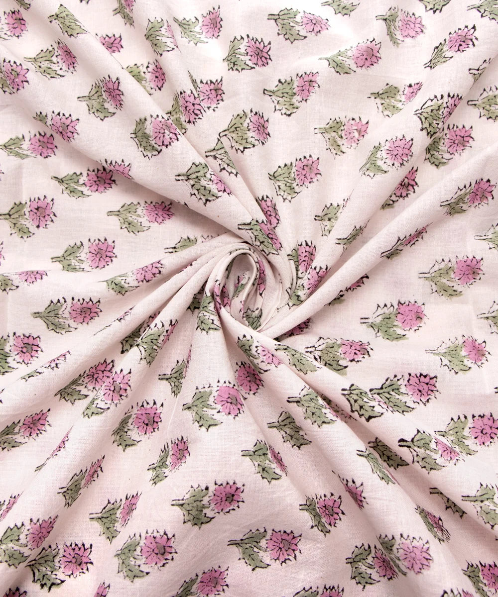 Jaipuri handblock Printed White Purple Natural Dye Soft Pure Cotton Fabric