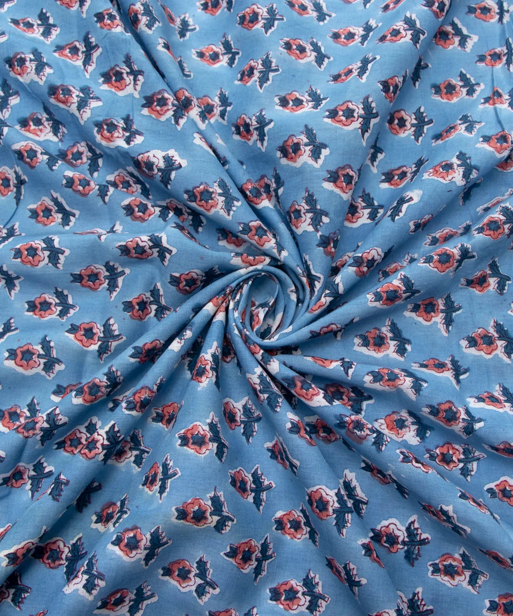 Jaipuri handblock Printed Blue Butti Natural Dye Soft Pure Cotton Fabric