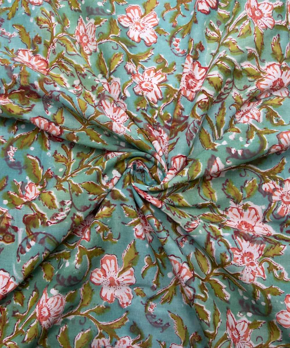 Jaipuri handblock Green Floral Printed Natural Dye Soft Pure Cotton Fabric