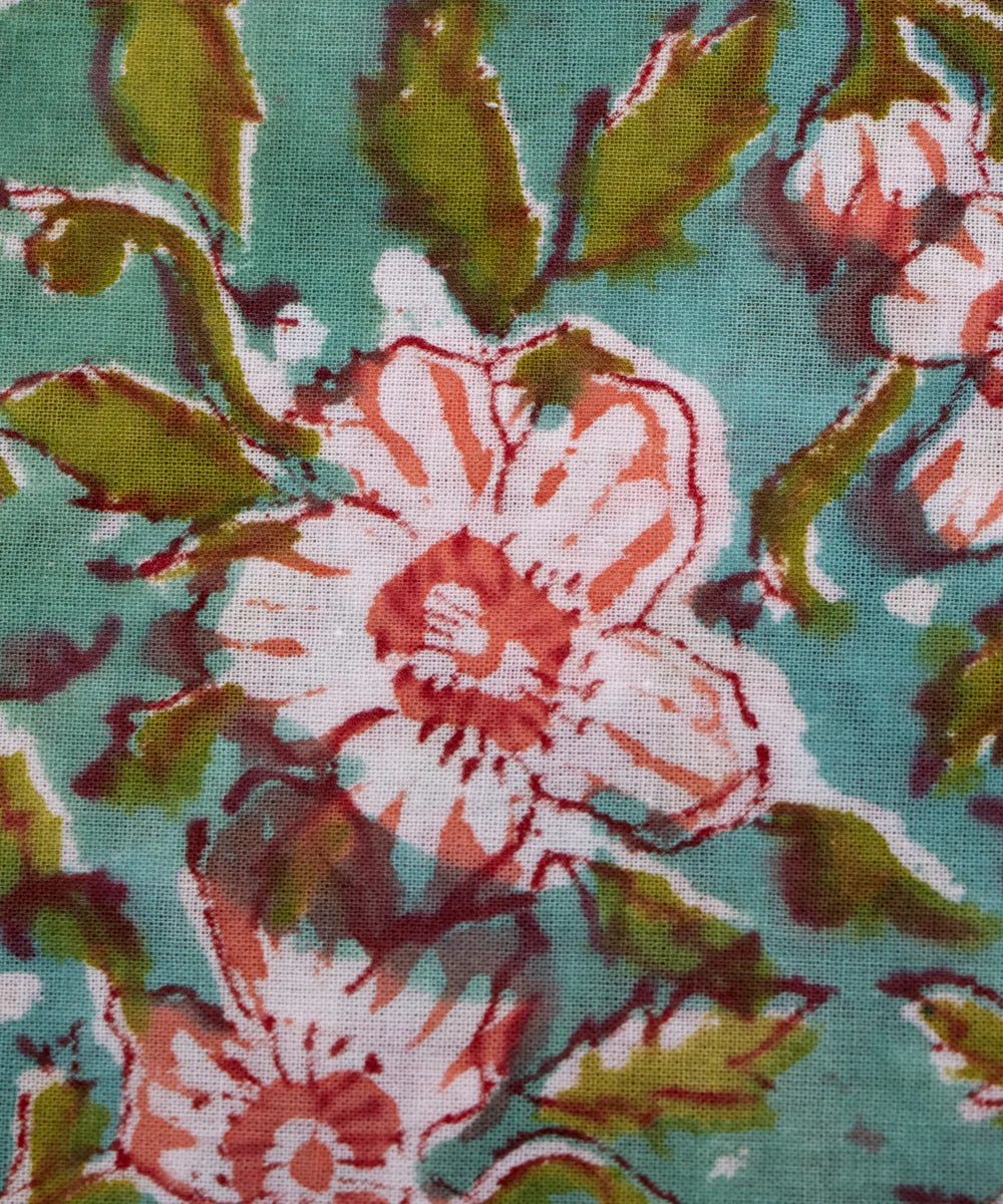 Jaipuri handblock Green Floral Printed Natural Dye Soft Pure Cotton Fabric