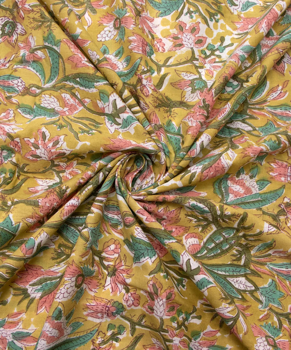 Jaipuri handblock Printed Light Greenish Butti Natural Dye Soft Pure Cotton Fabric