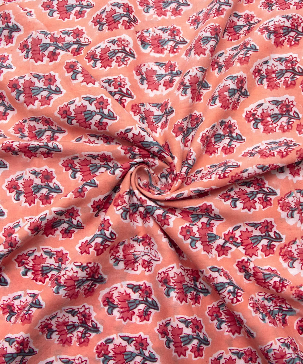 Jaipuri handblock Printed Dark Peach Butti Natural Dye Soft Pure Cotton Fabric