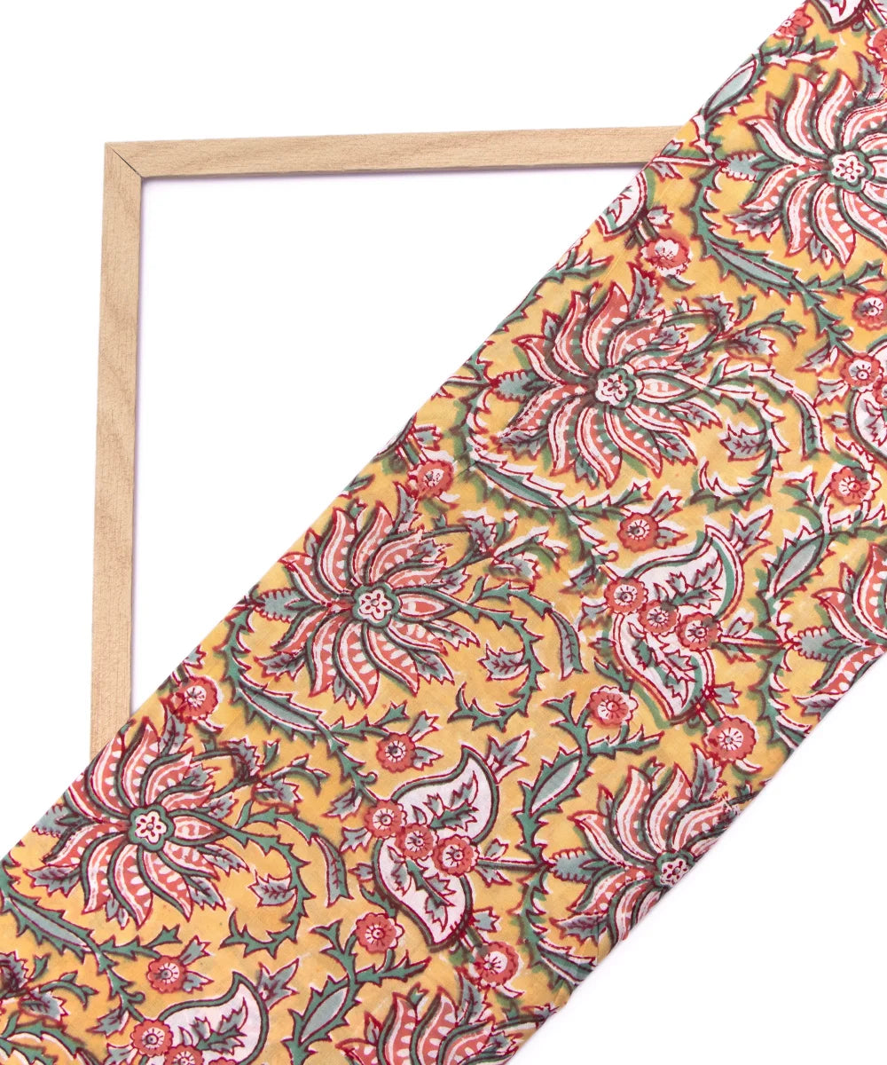 Jaipuri handblock Printed Floral Yellow Natural Dye Soft Pure Cotton Fabric