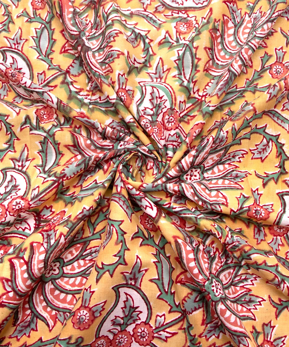 Jaipuri handblock Printed Floral Yellow Natural Dye Soft Pure Cotton Fabric