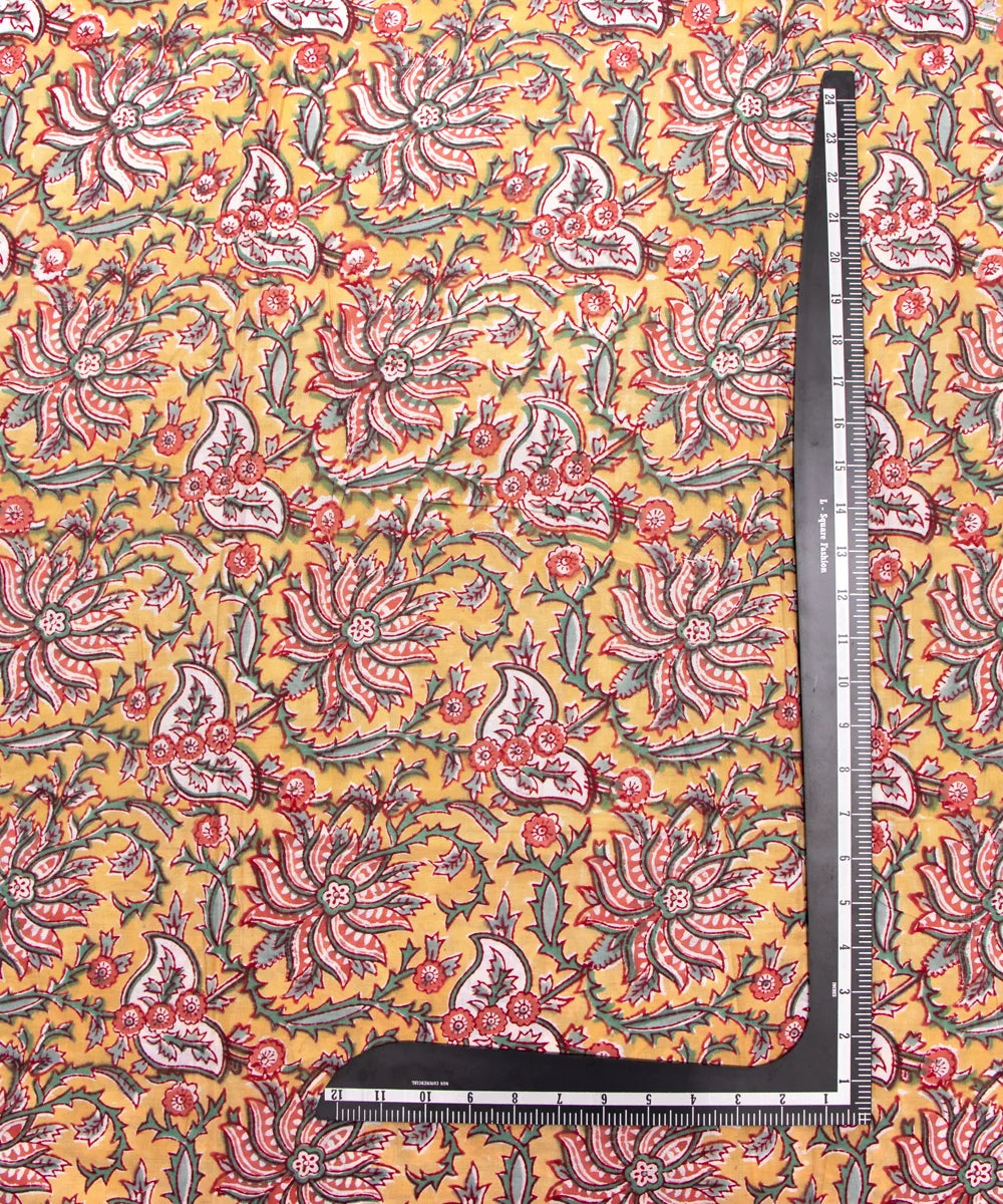 Jaipuri handblock Printed Floral Yellow Natural Dye Soft Pure Cotton Fabric