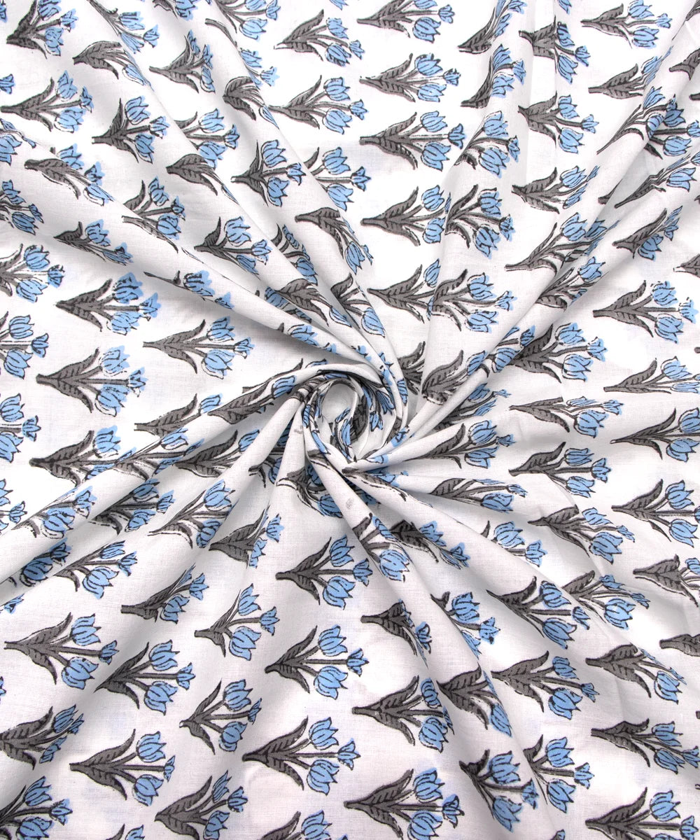 Jaipuri handblock White Floral Butti Printed Natural Dye Soft Pure Cotton Fabric