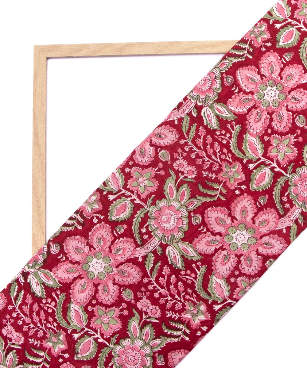 Jaipuri handblock Printed Floral Blood Red Natural Dye Soft Pure Cotton Fabric