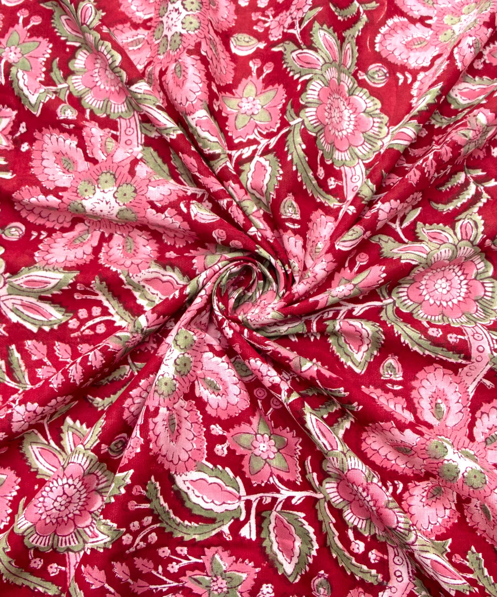Jaipuri handblock Printed Floral Blood Red Natural Dye Soft Pure Cotton Fabric