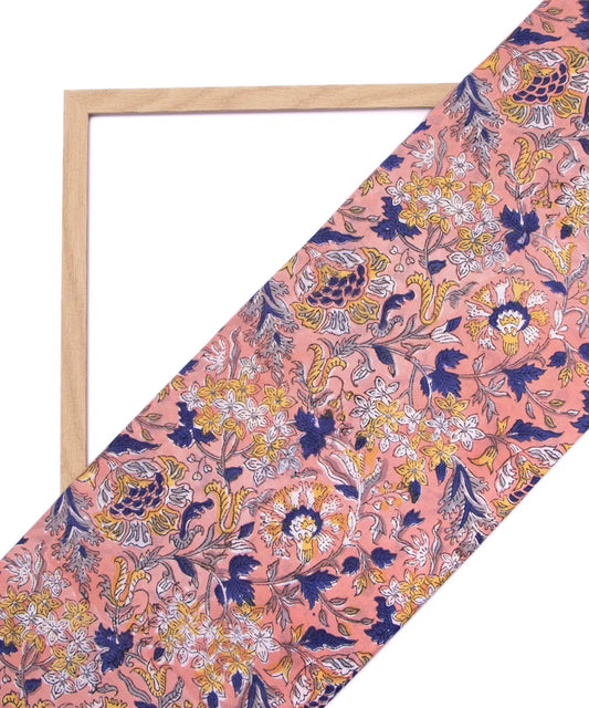 Jaipuri handblock Printed Peach Floral Natural Dye Soft Pure Cotton Fabric