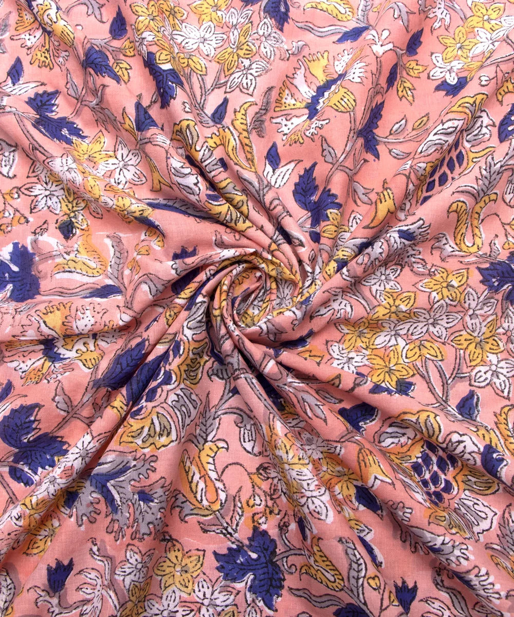Jaipuri handblock Printed Peach Floral Natural Dye Soft Pure Cotton Fabric