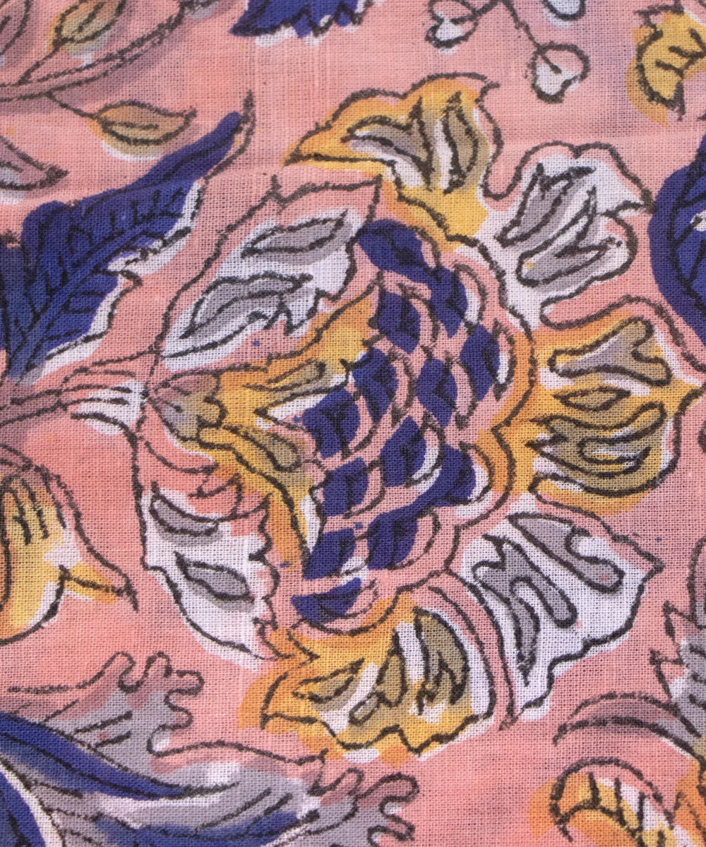 Jaipuri handblock Printed Peach Floral Natural Dye Soft Pure Cotton Fabric