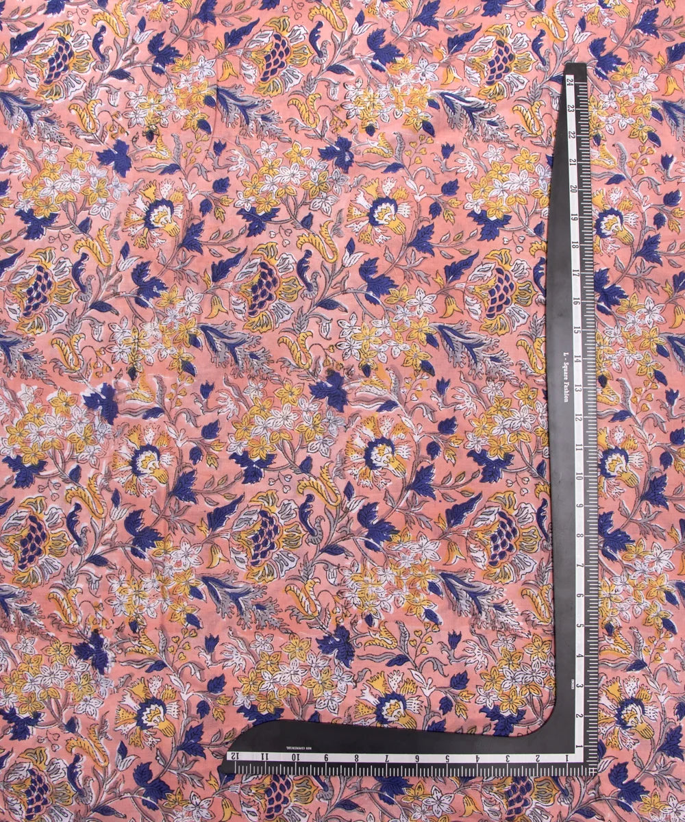 Jaipuri handblock Printed Peach Floral Natural Dye Soft Pure Cotton Fabric