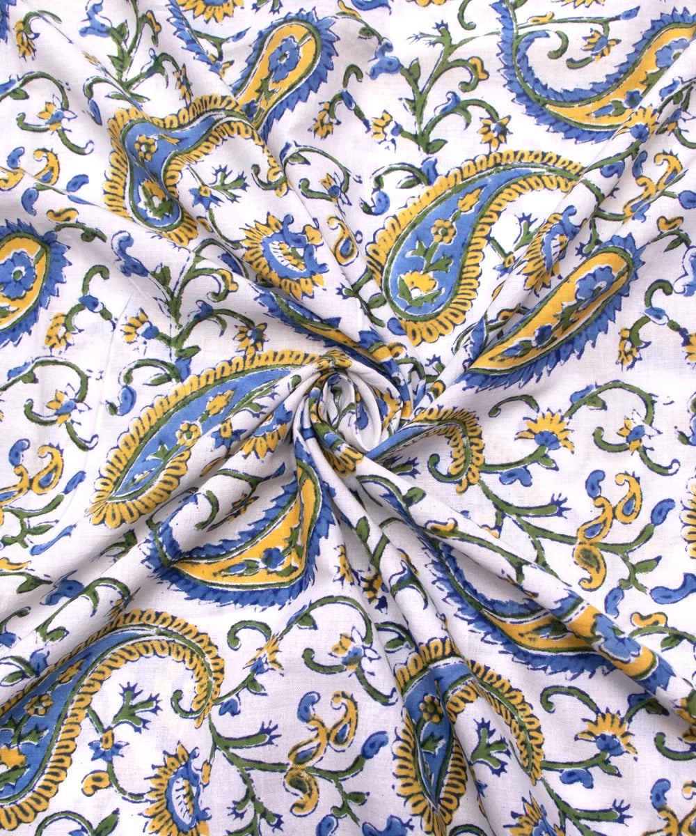 Jaipuri handblock White Blue Paisley Printed Natural Dye Soft Pure Cotton Fabric