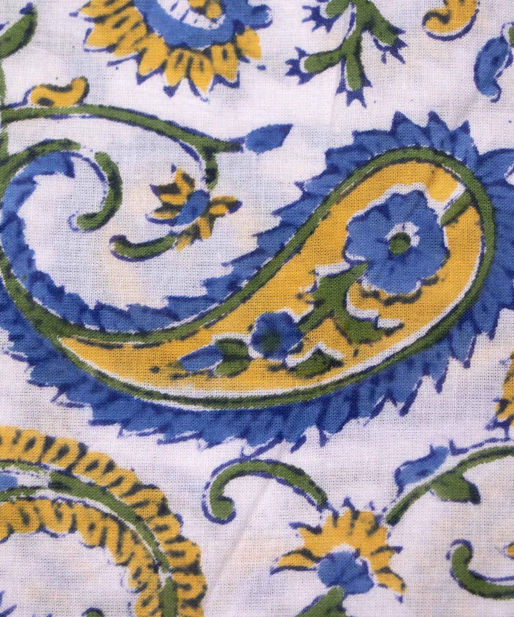 Jaipuri handblock White Blue Paisley Printed Natural Dye Soft Pure Cotton Fabric