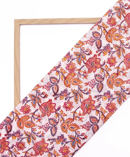 Jaipuri handblock White Floral Printed Natural Dye Soft Pure Cotton Fabric