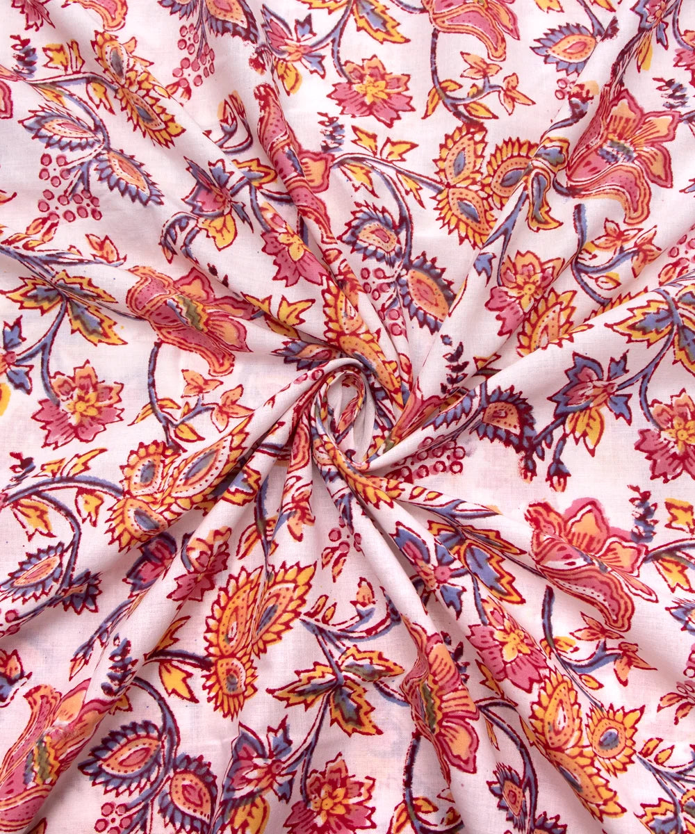 Jaipuri handblock White Floral Printed Natural Dye Soft Pure Cotton Fabric