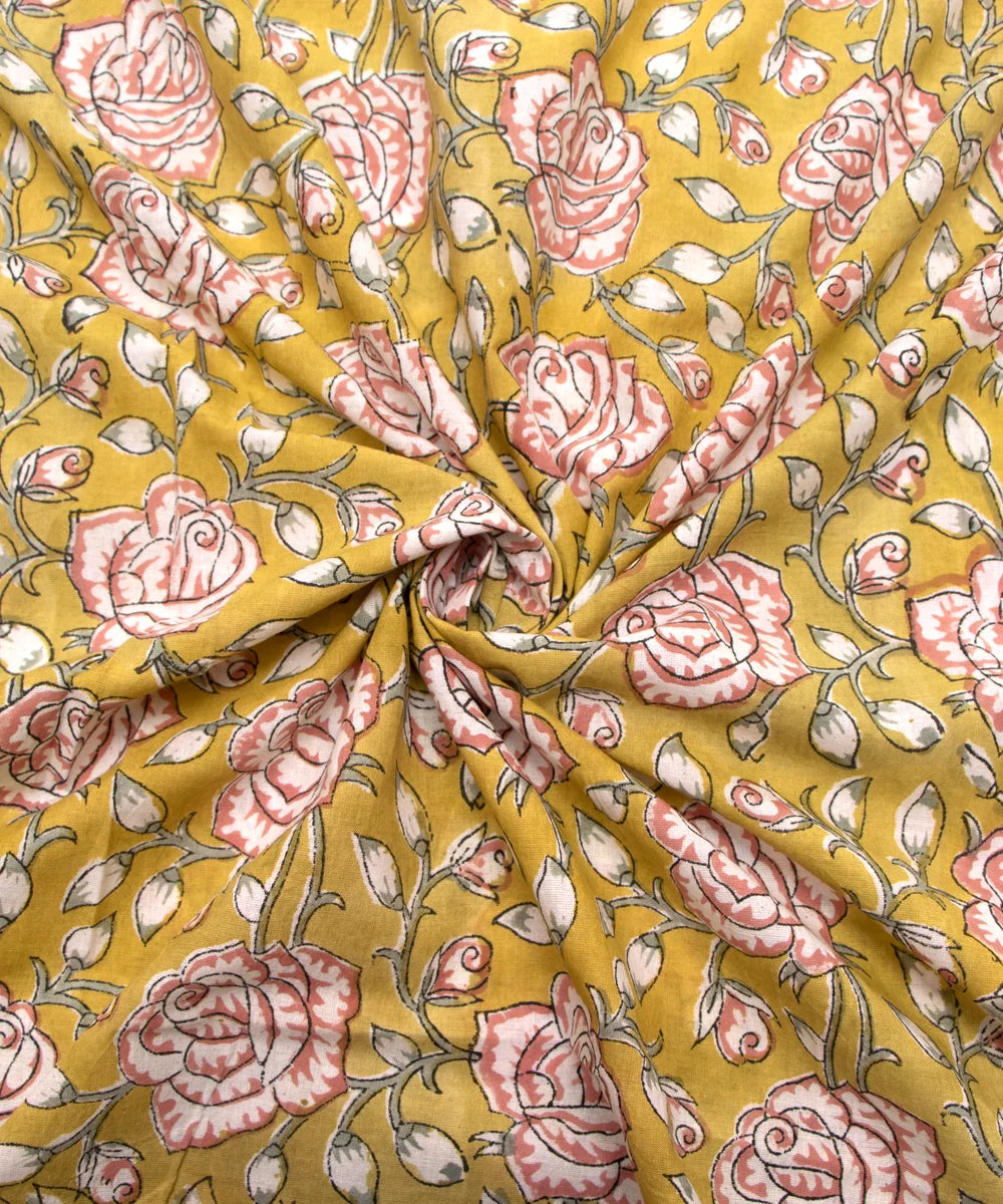 Jaipuri handblock Sheen Gold Color Printed Floral Natural Dye Soft Pure Cotton Fabric