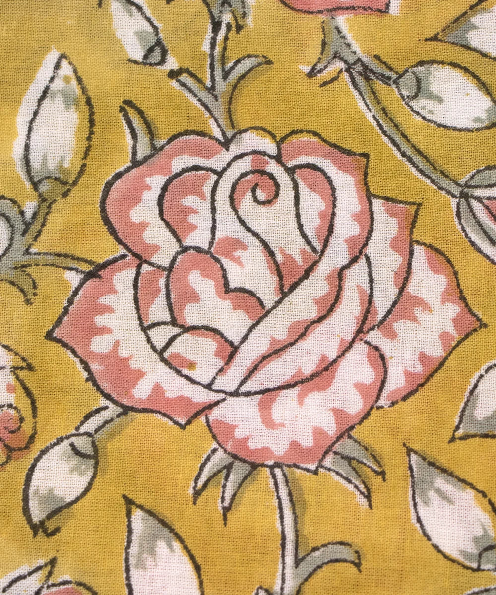 Jaipuri handblock Sheen Gold Color Printed Floral Natural Dye Soft Pure Cotton Fabric