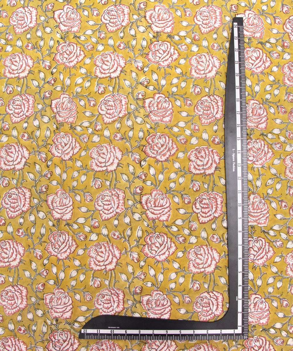 Jaipuri handblock Sheen Gold Color Printed Floral Natural Dye Soft Pure Cotton Fabric