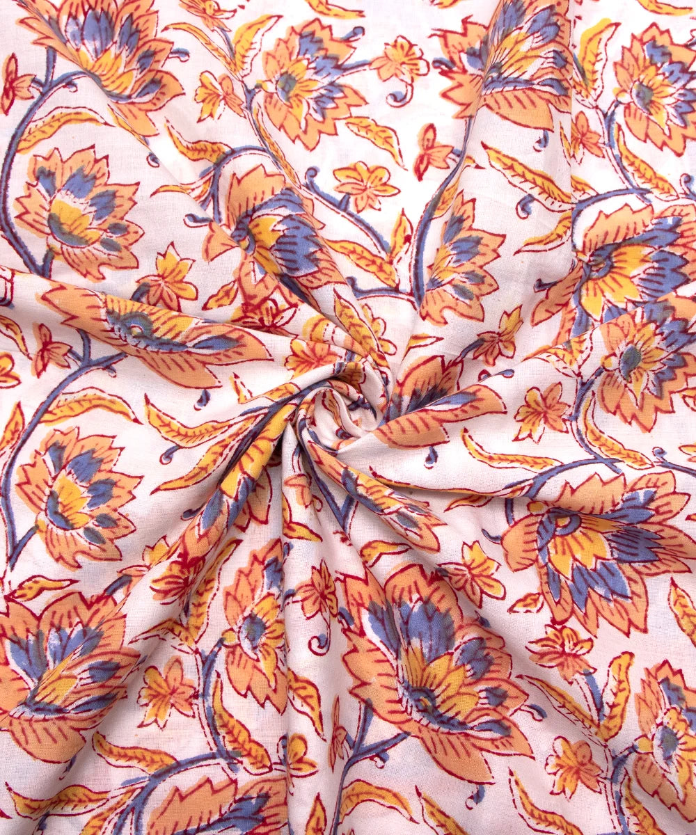 Jaipuri handblock Floral White Printed Floral Natural Dye Soft Pure Cotton Fabric