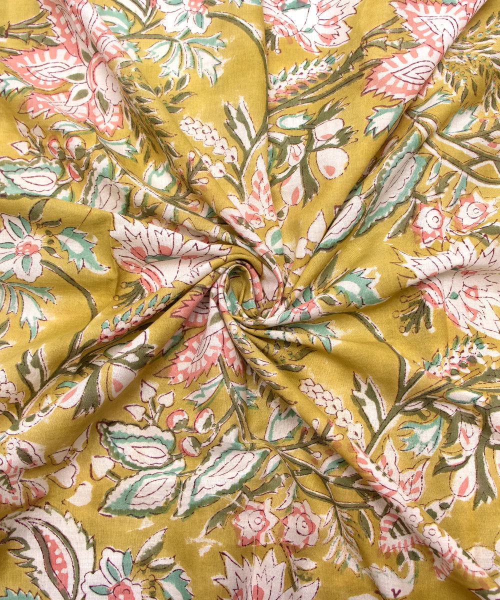 Jaipuri handblock Green Floral Printed Natural Dye Soft Pure Cotton Fabric