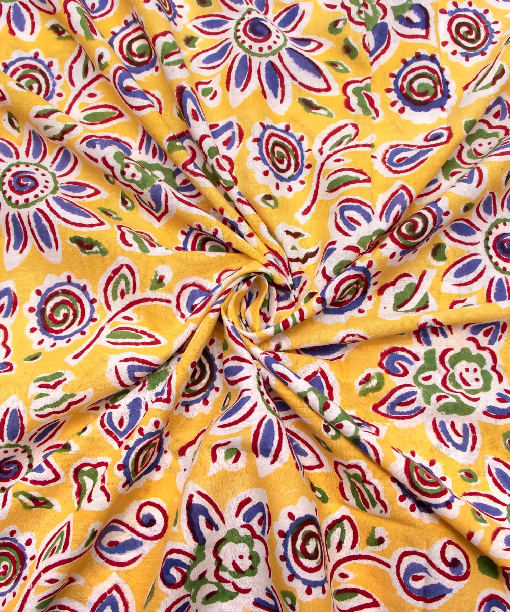Jaipuri handblock Yellow Floral Printed Natural Dye Soft Pure Cotton Fabric