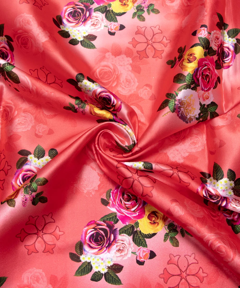 Red Orange Floral Printed Digital Floral Print Japan Satin Fabric