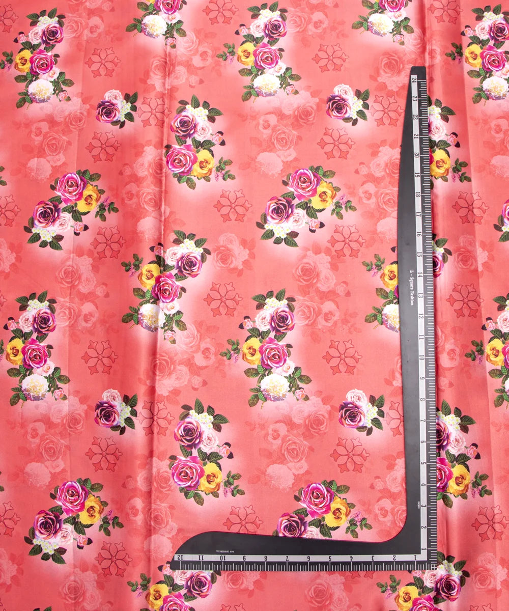 Red Orange Floral Printed Digital Floral Print Japan Satin Fabric