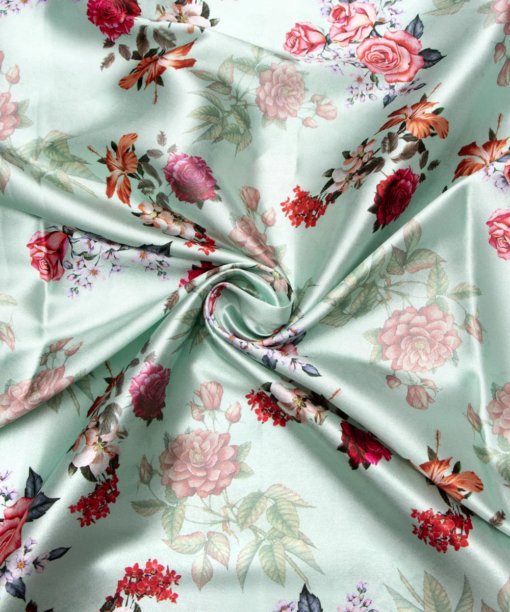 Light Green Digital Floral Print Japan Satin Fabric