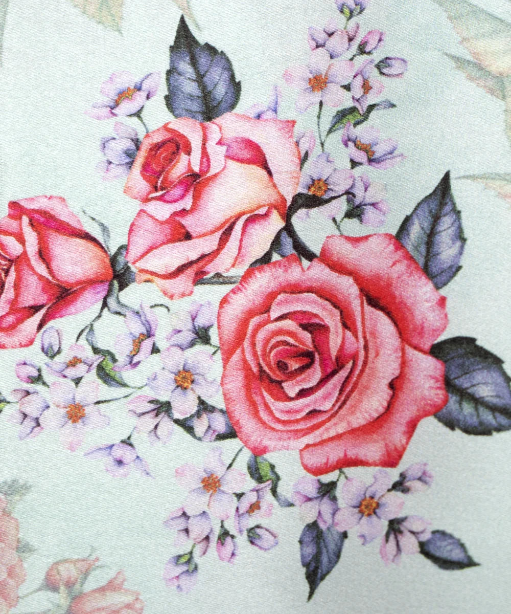 Light Green Digital Floral Print Japan Satin Fabric