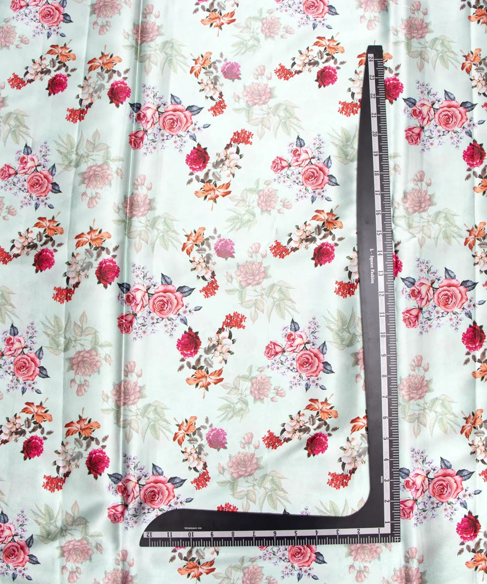 Light Green Digital Floral Print Japan Satin Fabric