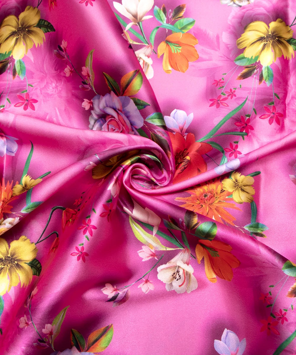 Pink Floral Digital Print Japan Satin Fabric