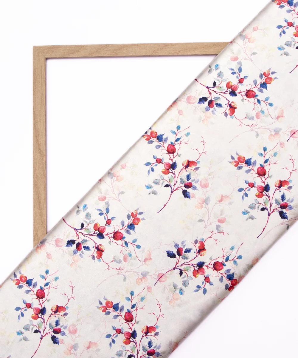 Off White Floral Digital Print Japan Satin Fabric