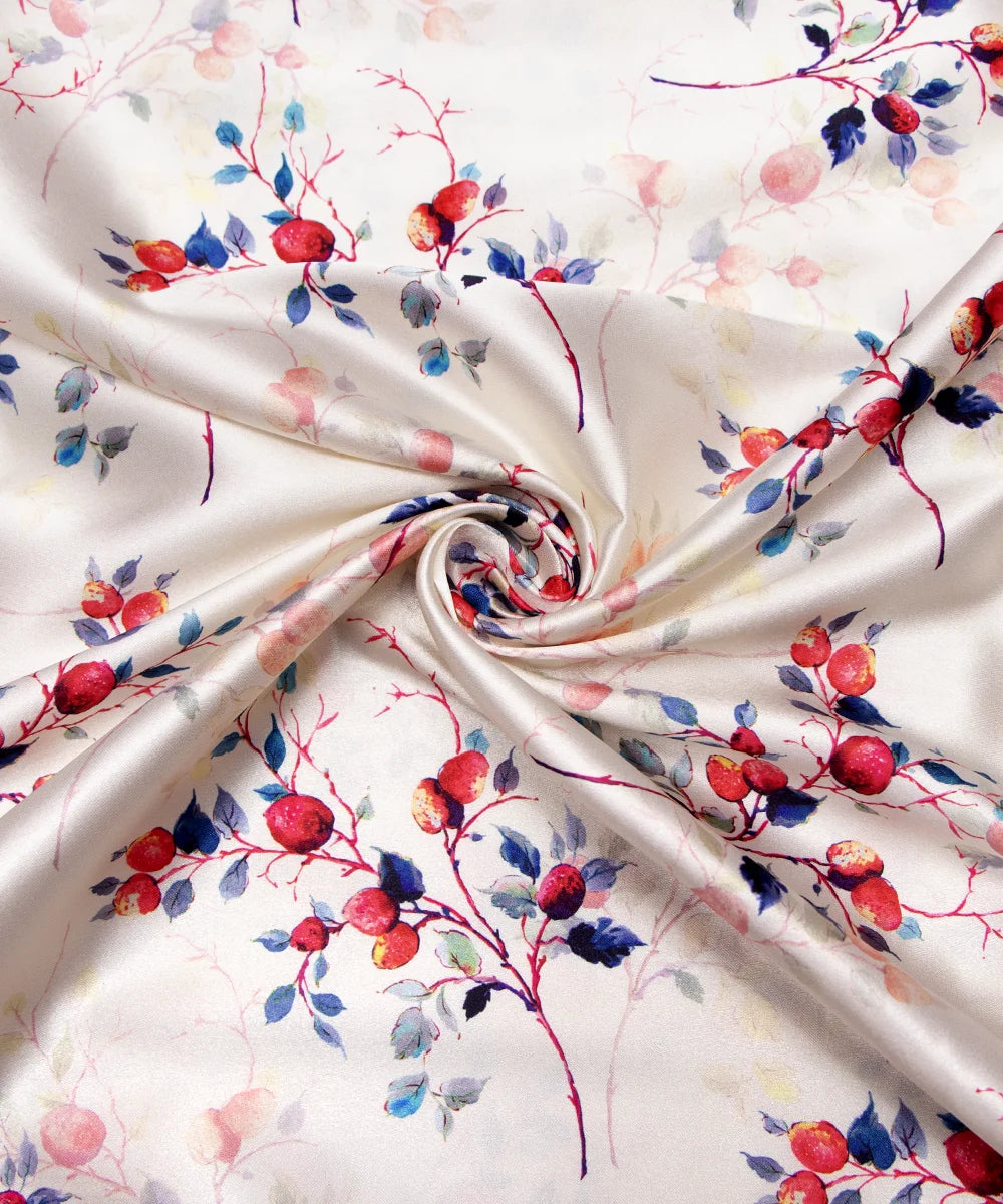 Off White Floral Digital Print Japan Satin Fabric