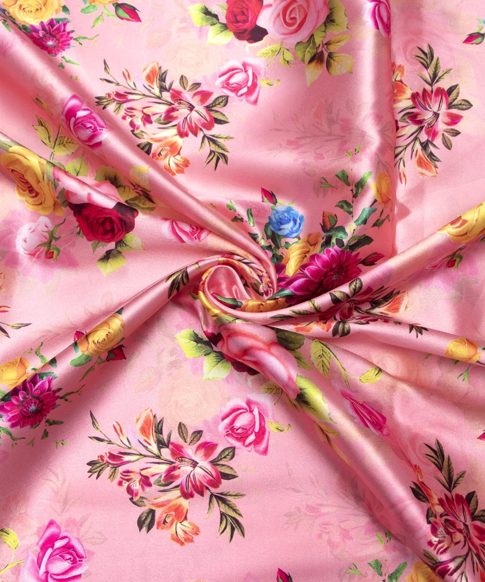 Peach Floral Printed Digital Floral Print Japan Satin Fabric