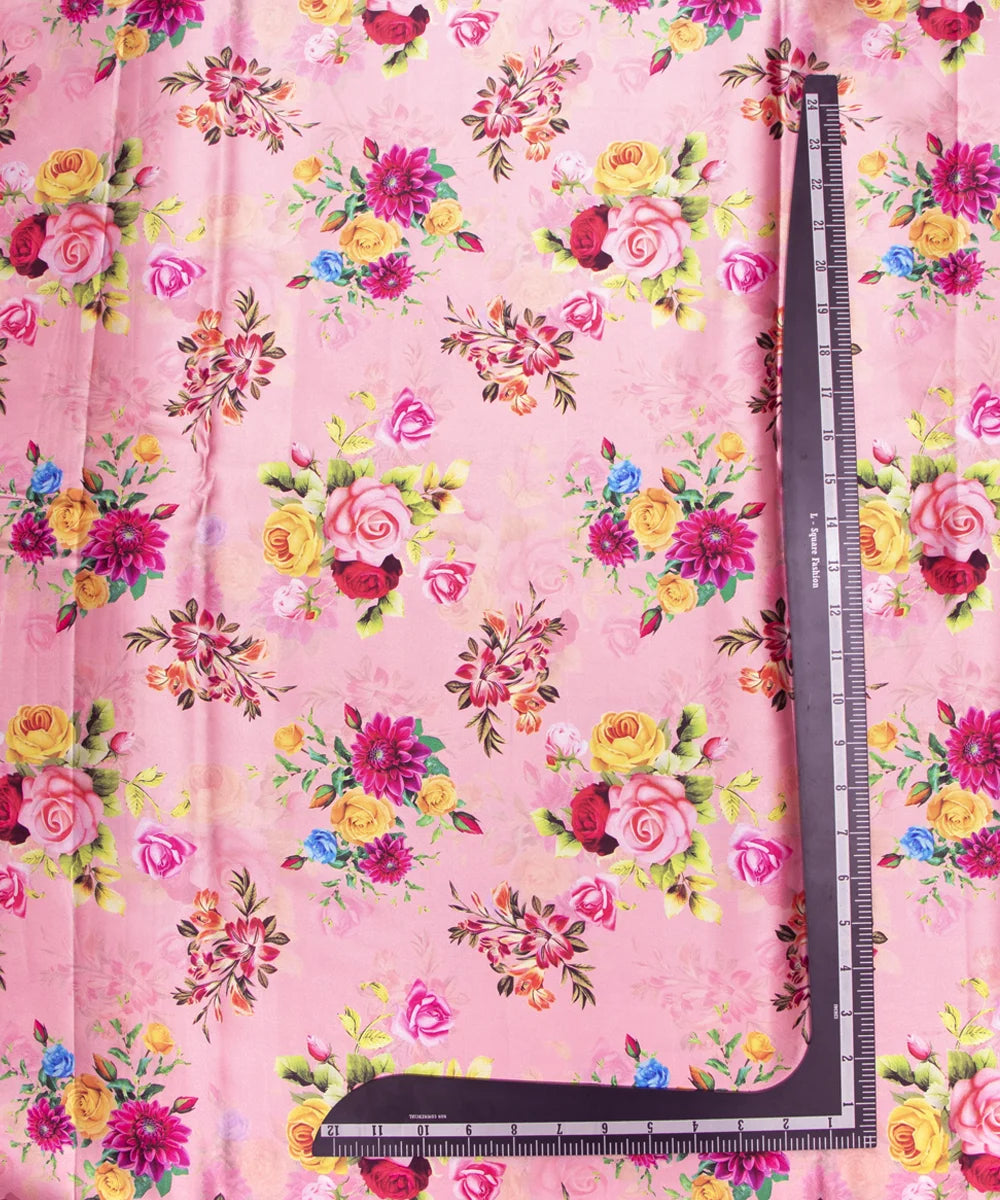 Peach Floral Printed Digital Floral Print Japan Satin Fabric