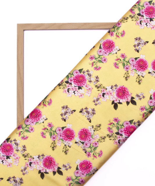 Light Yellow Pink Flower Digital Print Japan Satin Fabric