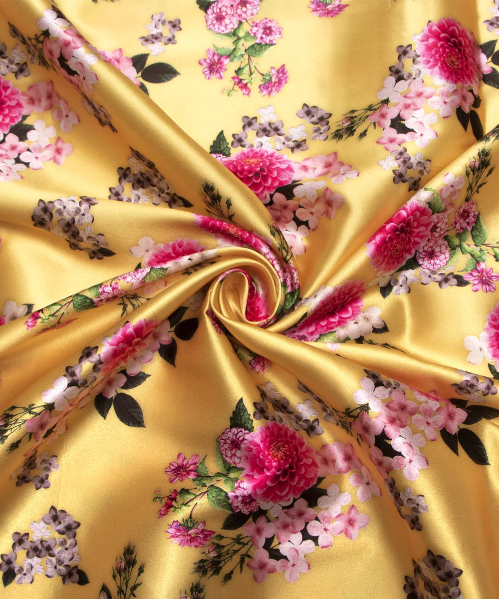 Light Yellow Pink Flower Digital Print Japan Satin Fabric