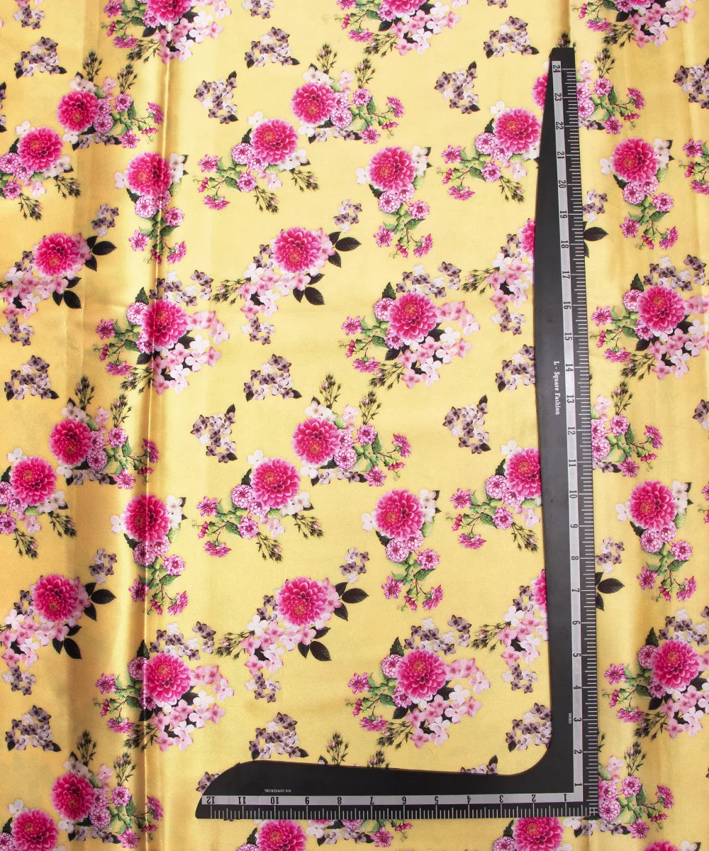 Light Yellow Pink Flower Digital Print Japan Satin Fabric