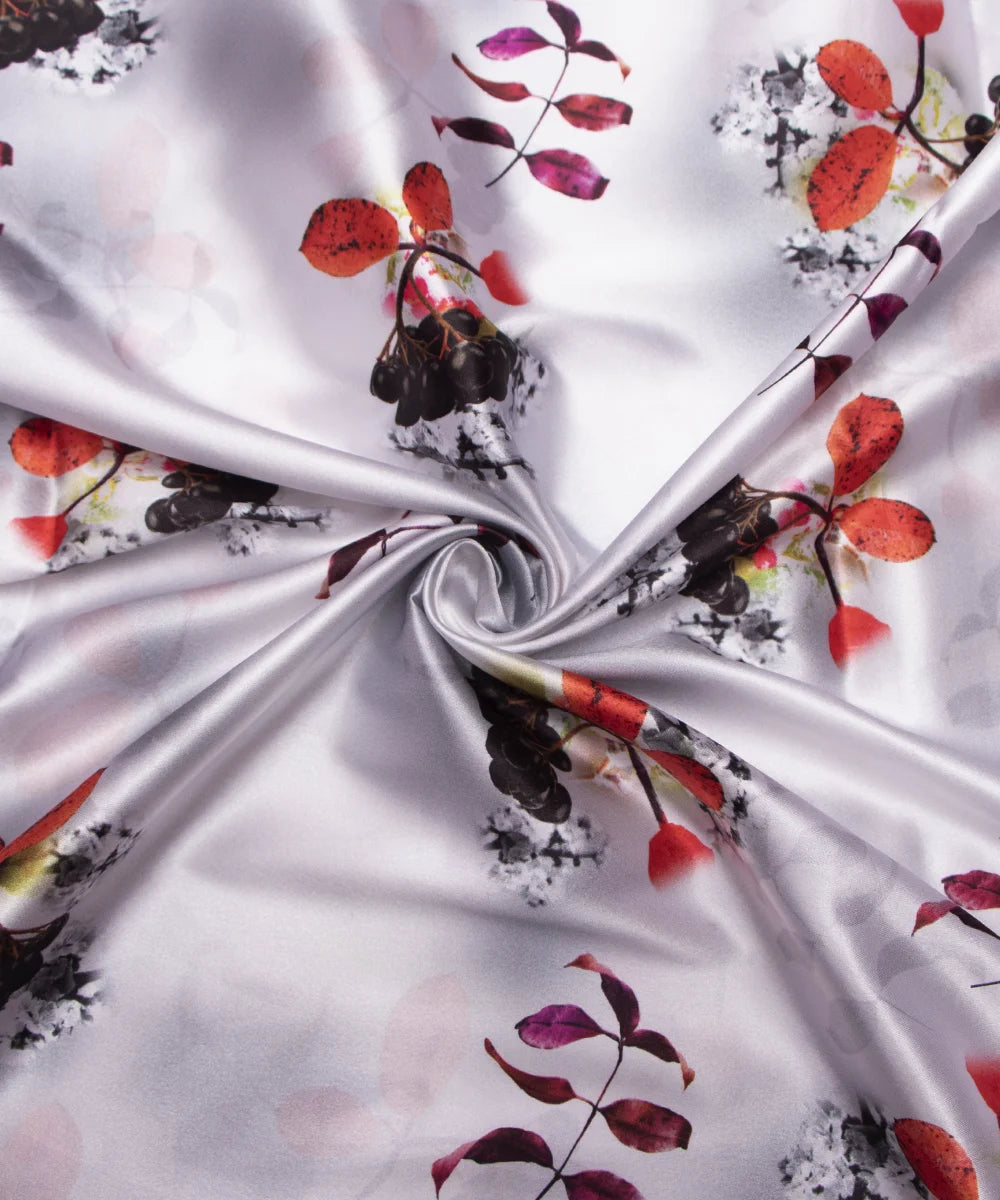 Floral White Smoker & light greyish Digital Print Japan Satin Fabric