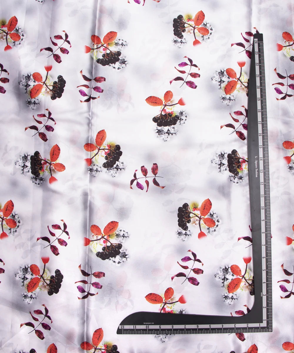 Floral White Smoker & light greyish Digital Print Japan Satin Fabric