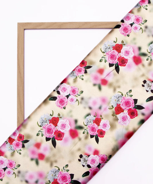 Beige Floral Digital Print Japan Satin Fabric