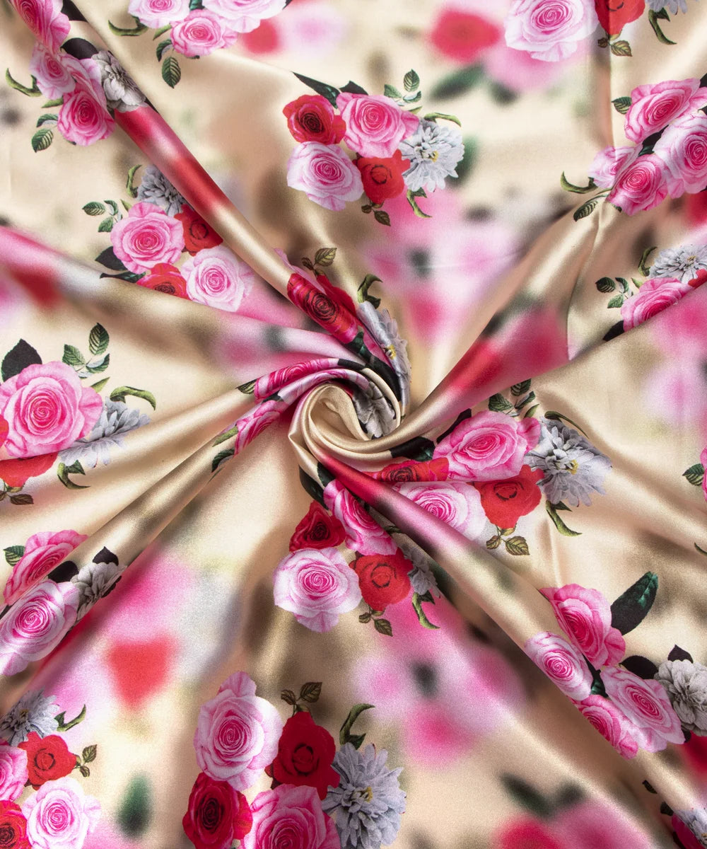 Beige Floral Digital Print Japan Satin Fabric