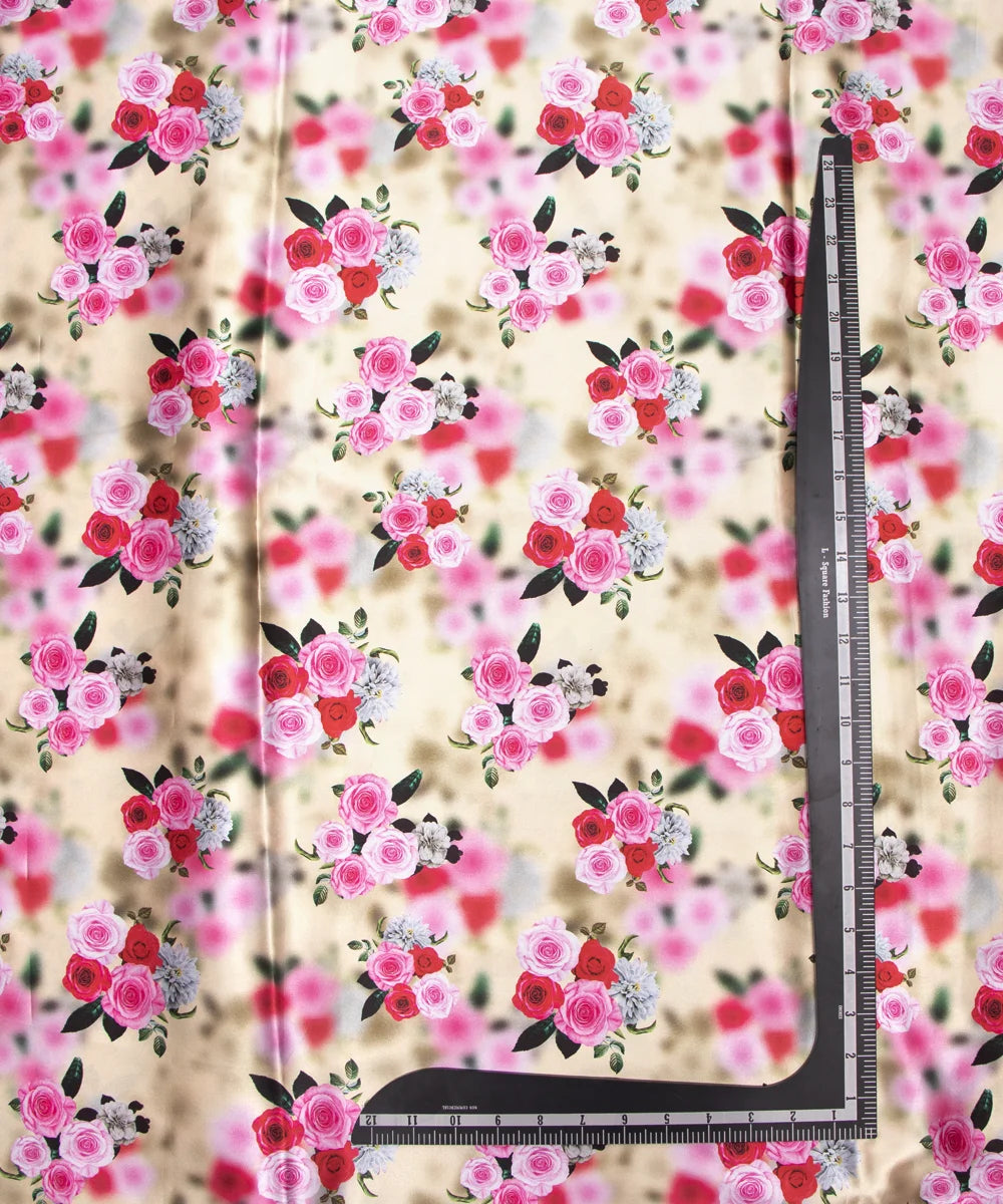 Beige Floral Digital Print Japan Satin Fabric