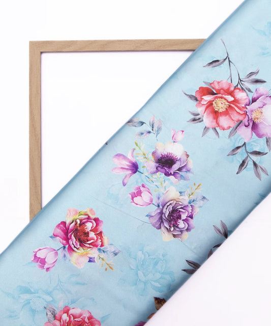 Light Blue Floral Digital Print Japan Satin Fabric