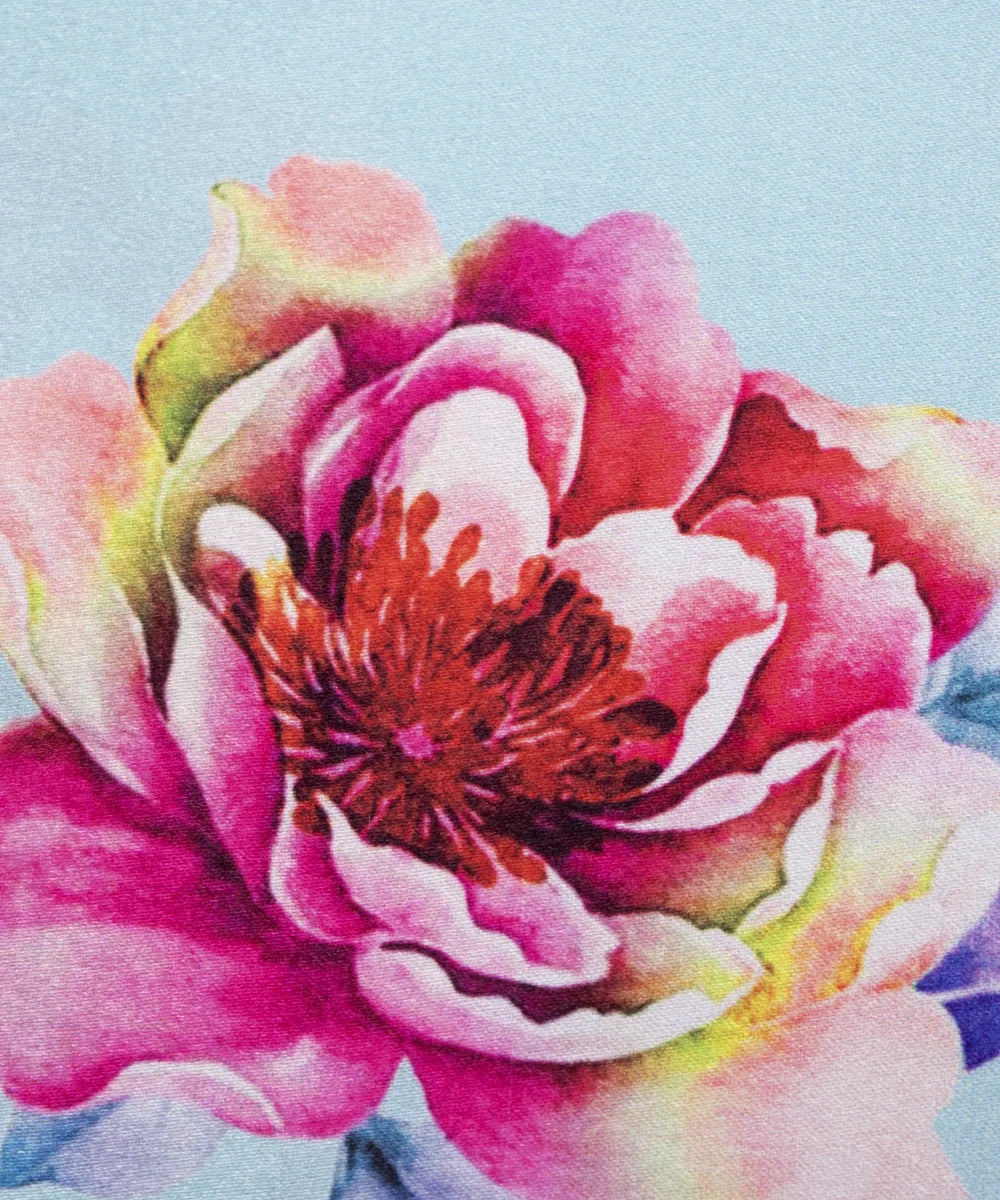 Light Blue Floral Digital Print Japan Satin Fabric